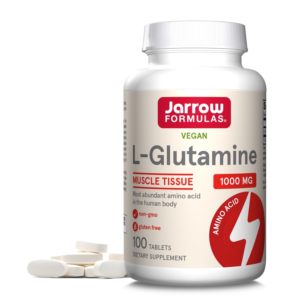 Fórmulas Jarrow L-Glutamina 1000 mg, Suplemento dietético para tejido muscular, Aminoácidos multifuncionales, soporte inmunitario, 100 tabletas Easy-Solv, 50-100 fuente de día