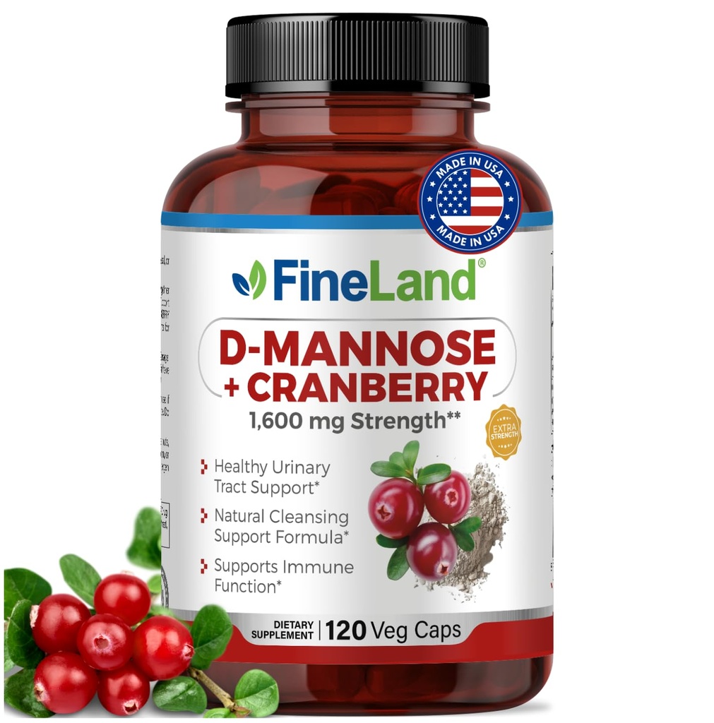 FineLand D-Mannose + Arándano – 1600 mg por Serving – 120 cápsulas veganas – Apoyo a la salud de la tractrinaria y la vejiga – No GMO, libre de gluten, hecho en EE.UU.
