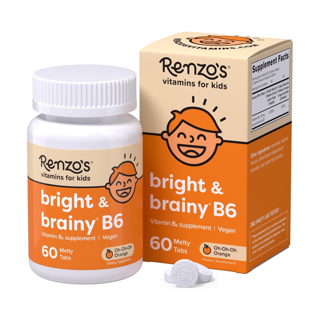 Renzo's Bright &amp; Brainy Vitamin B6, Dissolving Kids Vitamin B6, 60 Tabs sin azúcar, Oh Oh Orange Flavored