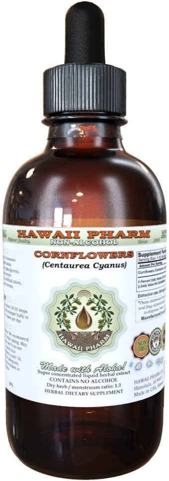 Hawaii Pharm Cornflower Alcohol-Free Liquid Extract, Organic Cornflower (Centaurea Cyanus) Dried Flower Glycerite Natural Herbal Suplemento 2 oz