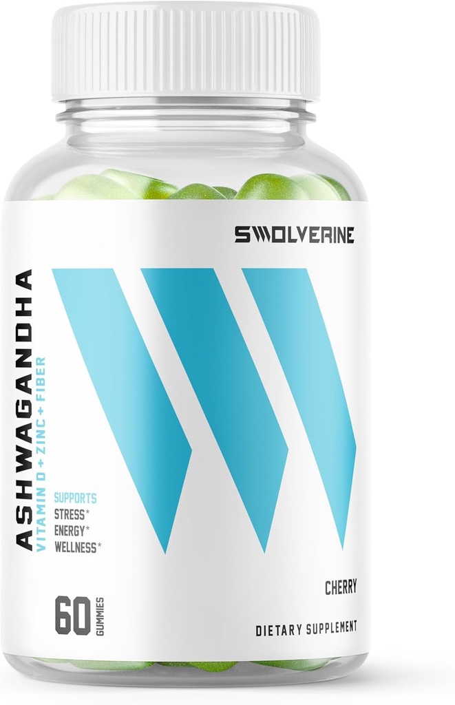 Swolverine Ashwagandha Vitamina Gummies ← Zinc, Vitamina D, Relax, Dormir, Fuerza, No GMO, Vegan - Cereza (60 Cuenta)