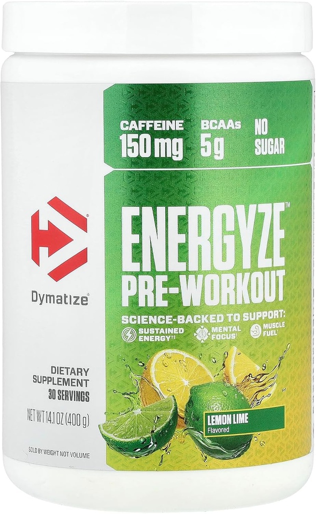 Dymatize Energyze Pre Workout Powder for Men and Women, Lemon Lime Flavor, 150mg Caffeine, 5g BCAAs, Performance Blend of L-Theanine, L-Tyrosine, L-Citrulline, No Sugar, 30 Servings