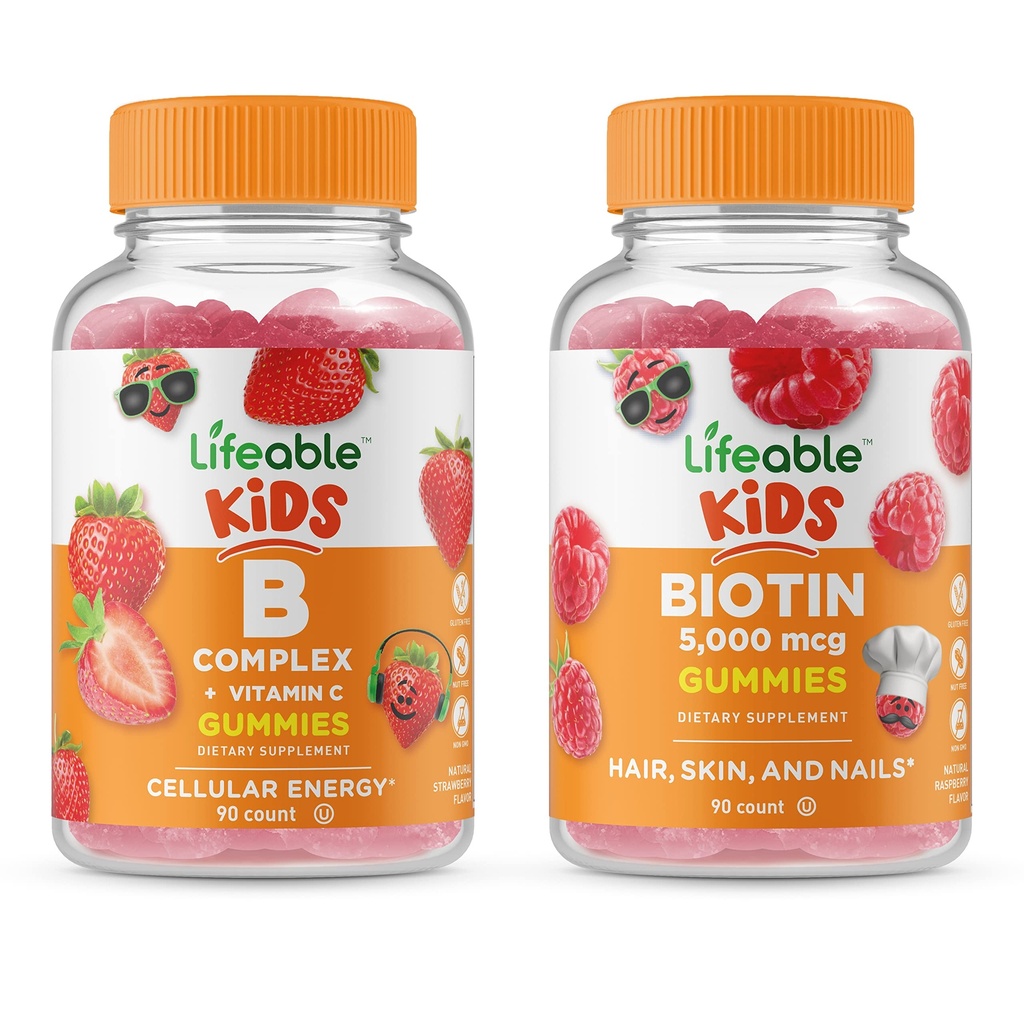 Lifeable B Complex Kids + Biotin Kids, Gummies Bundle - Great Tasting, Vitamin Supplement, Gluten Free, GMO Free, Chewable Gummy