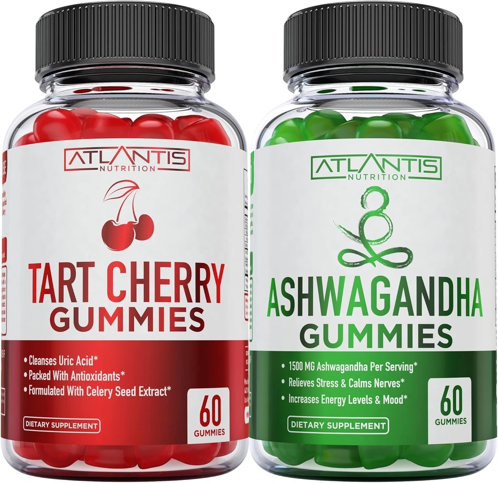 60 Ashwagandha Gummies + 60 Tart Cherry Gummies -Ashwagandha Boosts Energy Levels & Strengthenings Immune System - Tart Cherry ha avanzado Uric Acid Cleanse para el dolor de Gout inmediato Reli