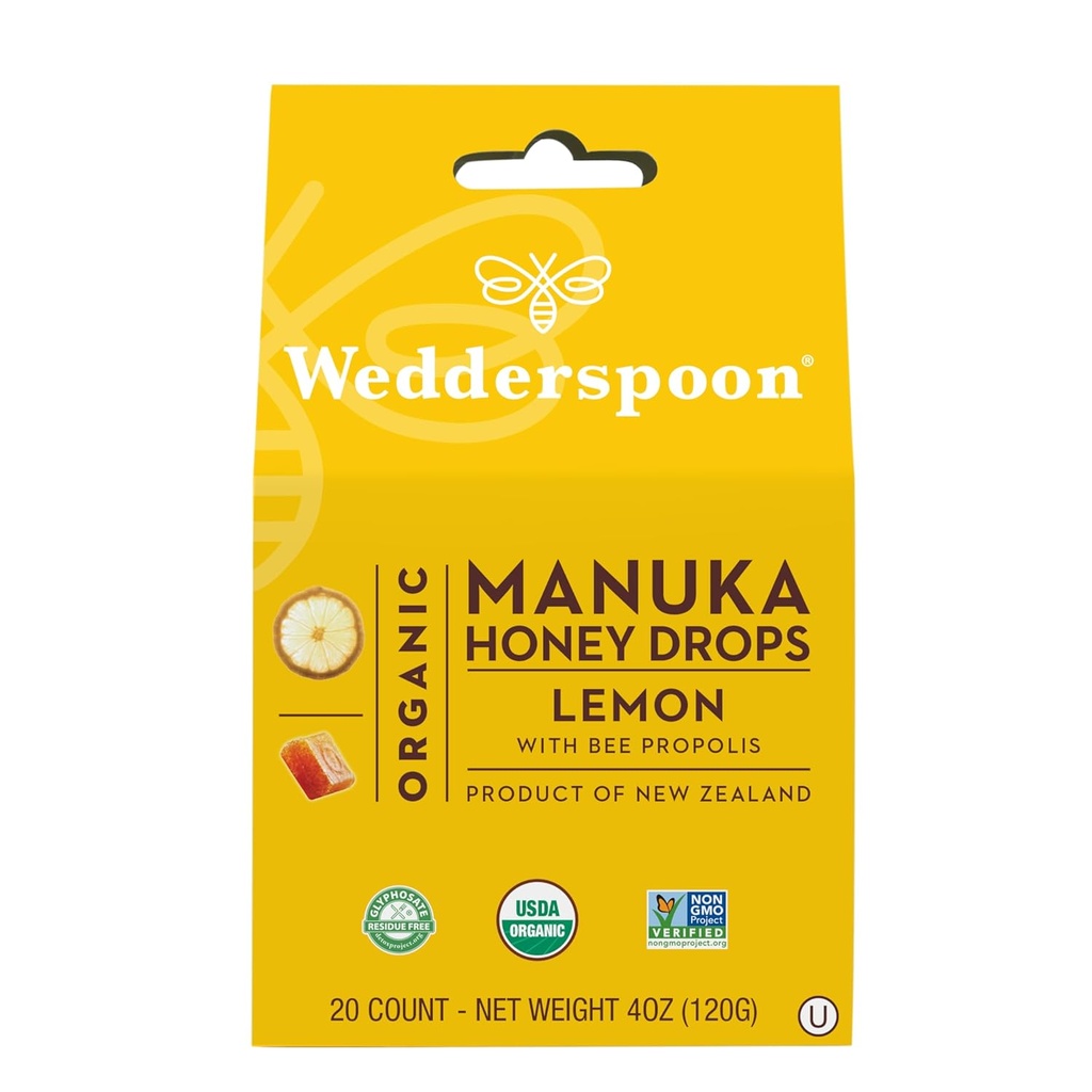 Wedderspoon Organic Manuka Honey Drops, Lemon & Bee Propolis, 20 Conde (Pack of 1) TEN Genuine New Zealand Honey TEN Perfect Remedy For Dry Throats