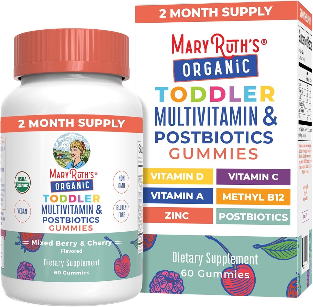 MaryRuth Organics Toddler Multivitamin Gummies + Postbióticos ← USDA Organic TEN Vitaminas para la Edad de los Niños 2+ ← Immune Support ← Vitamina C TENIDO Vitamina D3 TENIDO Vitamina A TENIDO Zinc TEN Vegan ANTE NO-GMO TENIDO 60 Servimientos