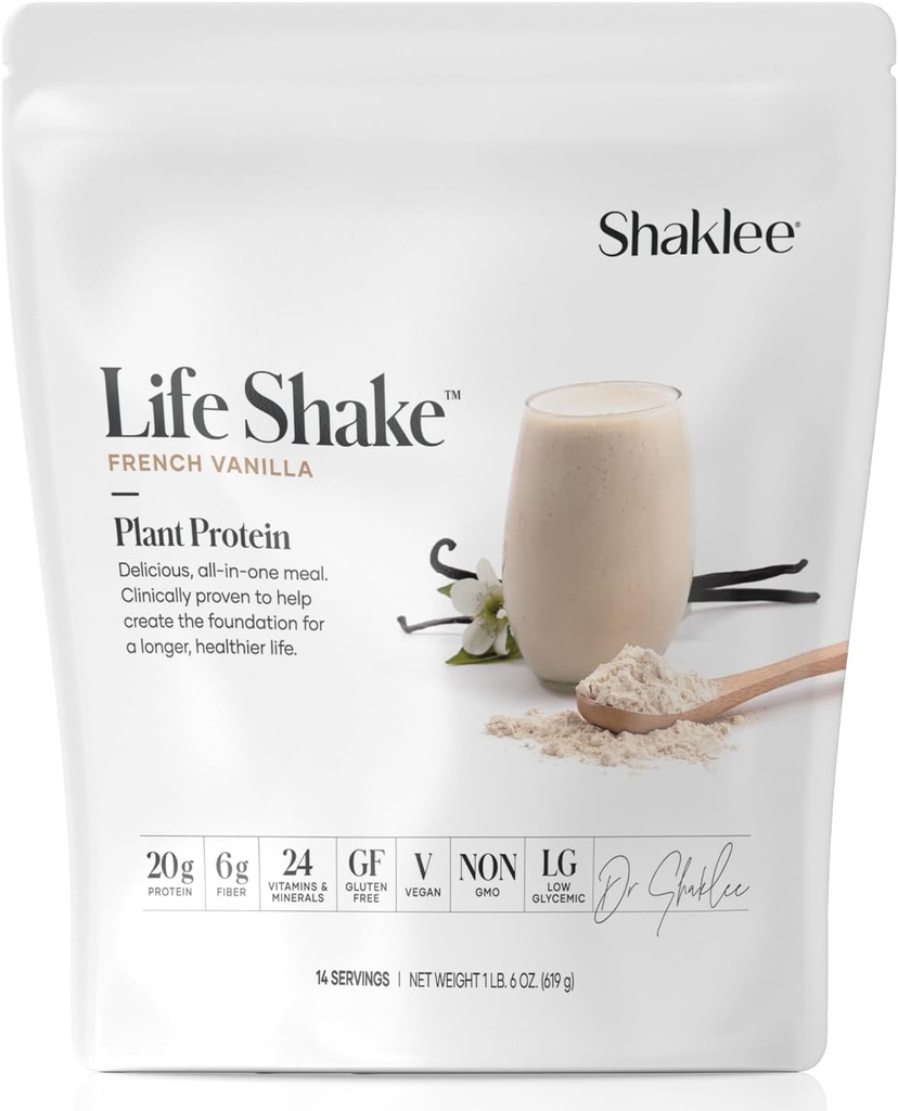 Shaklee Life ShakeTM Plant Protein French Vanilla - Reemplazo completo de carne con 20g Proteína, fibra de 6g, 24 vitaminas & minerales - Apoya el peso saludable y saludable - No GMO - 14 servicios
