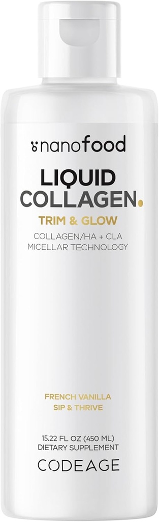 [BRSRMYYCBMNQA2QU] Codeage Liquid Collagen Suplemento Vanilla Flavor, Beauty Trim & Glow Liposomal Peptides Collagen, CLA Ácido Linoleico Conjugado, Ácido Hialurónico, Vitamina E, Hidrolyzed, No GMO, 15.22 fl oz