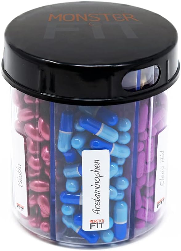 Dispensador de píldoras suplementarias Monster Jr - Mantiene pequeñas vitaminas de medicación mediana y dispensa fácil de un contenedor Incluye etiquetas de compartimiento ( 1 paquete)