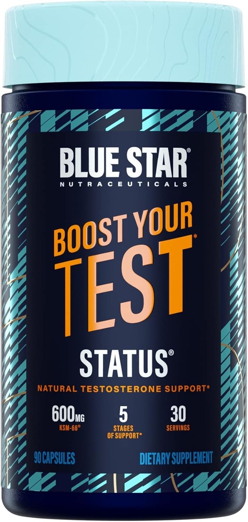Blue Star Nutraceuticals Status - Booster de Testosterona para Hombre - w / KSM 66 Ashwagandha - Invigorate Stamina, Crecimiento del Musculo & Energético tención Natural Test Booster Support - 90 Veggie Capsules