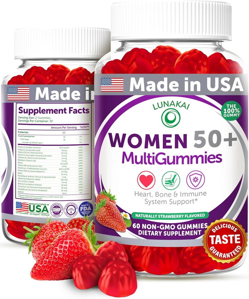 Lunakai EE.UU. Hecho 50 Más Mangas Multivitamínicas de Mujeres - Fórmula Deliciosa Mejorada con Vitaminas Esenciales & Minerales para la Salud & Vitality - 60ct