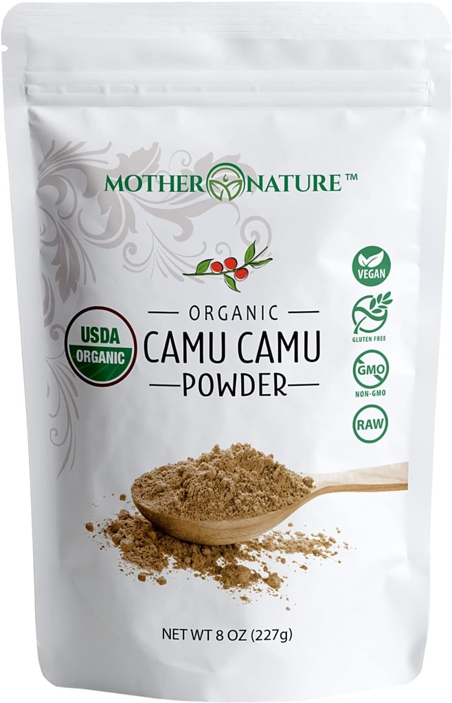 Camu Camu Powder Vitamina Orgánica C - 8 oz Bolsa 45 Servimientos - Raw Camu Camu Berry, Suplemento Natural VIT C Polvo para soporte inmunitario - Vegano, No GMO