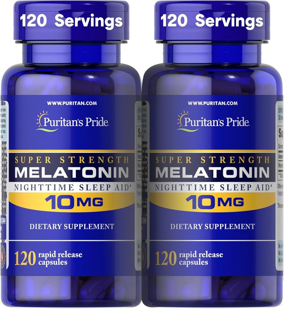 [BRSWIGLRBBYGO3TE] Puritan's Pride Premium Super Strength Melatonin 10mg Sleep Aid, Dietary Supplement for Sound, Restful, & Longer Sleep Support, 4 Month Supply, 120 Rapid Release Capsules, 2 Pack (Packaging May Vary)