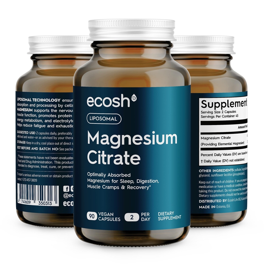 Liposomal Magnesium Citrate Capsules — High Absorption Magnesium Suplemento para el estreñimiento, sueño, calambres musculares " Recovery TEN High Potency Mg TEN Easy to Swallow Veg Capsules ← Non-GMO tención 90 ct