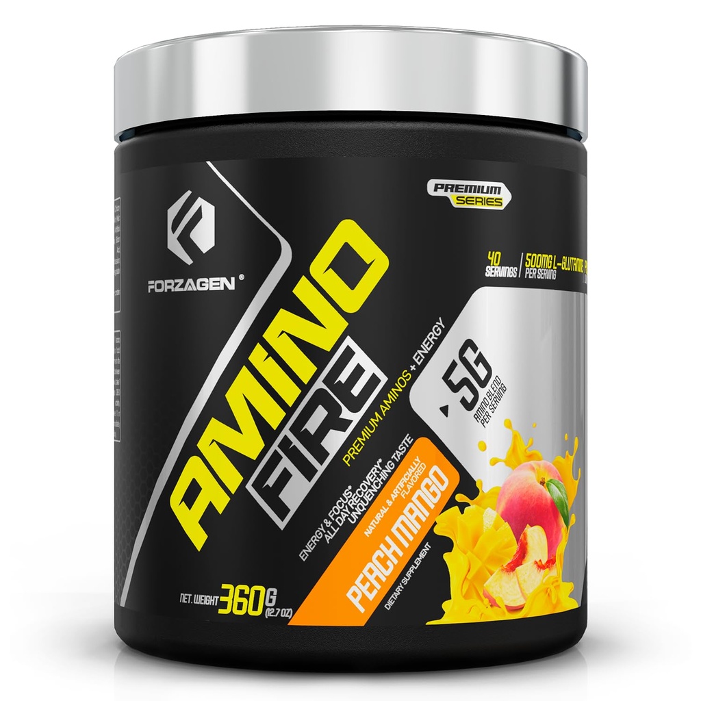 Forzagen Amino Fire ← Esencial Amino Energy Powder para Pre-Workout ← BCAA Energy Boost &amp; Muscle Recovery Drink Mix, Enhance Focus " Concentration, Dietary Supplement TEN Peach Mango, 40 Servings