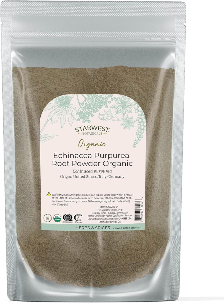 Starwest Botanicals Dried Echinacea Purpurea Root Powder Organic - Loose Herb for Tea, Tinctures, & Natural Herbal Blends, Purple Coneflower puro, Certified Kosher, Non-GMO - 4 oz Pouch