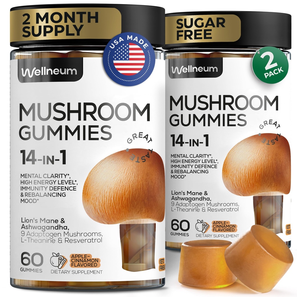 Mushroom Gummies 5000 Mg 120 Pcs (2 Pack) - Lion's Mane and 9 Adaptogenic Mushrooms Blend - Ashwagandha, L-Theanine - Mushroom Gummies for Energy, Immunity, Focus, Brain Boost - No Sugar y GMO