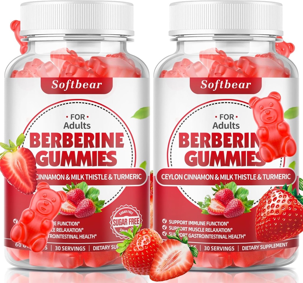softbear Berberine con Ceylon Cinnamon Gummies Orgánica Berberina HCL 1500mg para Metabolismo Immune Salud Sugar-Free Berberine Suplementos Strawberry Flavored 120 Conde