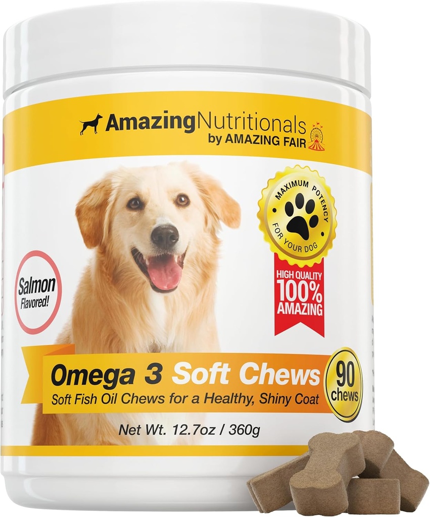 Amazing Omega 3 for Dogs - Omega 3 Fish Oil for Dogs Suplemento para Itchy Skin Relief for Dry Skin and Hot Spots and Shedding Coat with EPA and DHA Fatty Acids - 90 Salmon Soft Chews