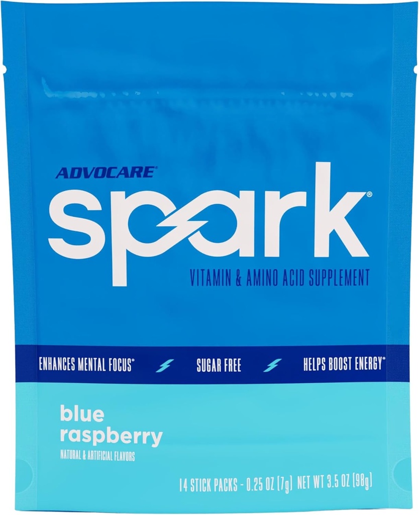 AdvoCare Spark Vitamina & Aminoácidos Suplemento - Focus & Energy Drink Powder Mix with Vitamin A, B-6, C & E - También incluye L-Carnitine & L-Tyrosine - Blue Raspberry, 14 Stick Packs
