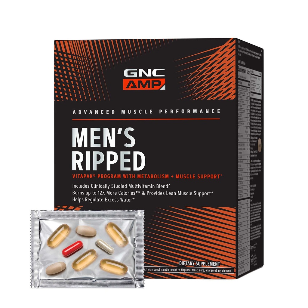 Programa de Vitapak para Hombres GNC AMP, 4 en 1 paquete de vitaminas de producto, tono muscular magro, calorias de quema, cama de agua, multivitamina de adultos, cafeína, CLA, ingredientes provenientes, suministro de 30 días