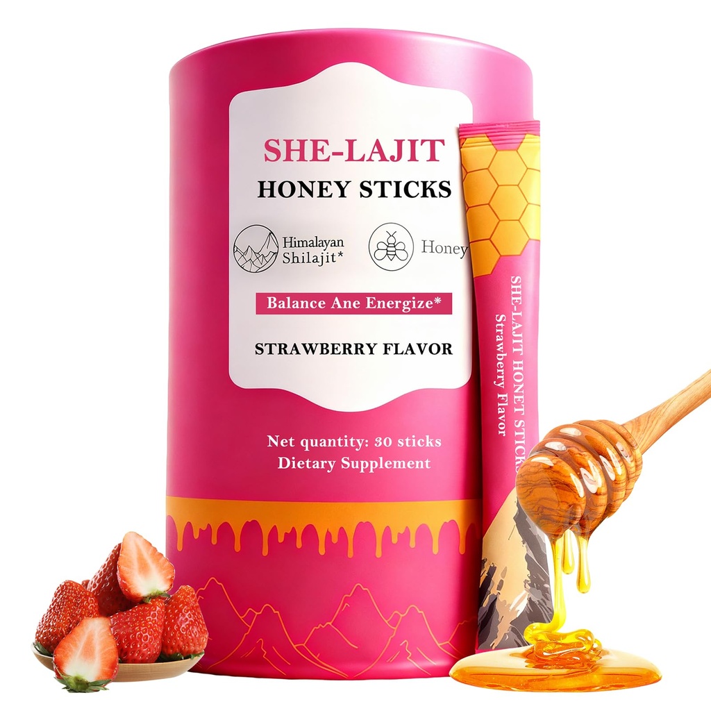 Honey Sticks Shilajit for Women with Shatavari and Saffron, Natural Energy, Strawberry Flavor, Hormonal Balance, Focus & Vitality Support, Tasty Shilajit Honeysticks with Himalayan Shilajit, 30 Sticks