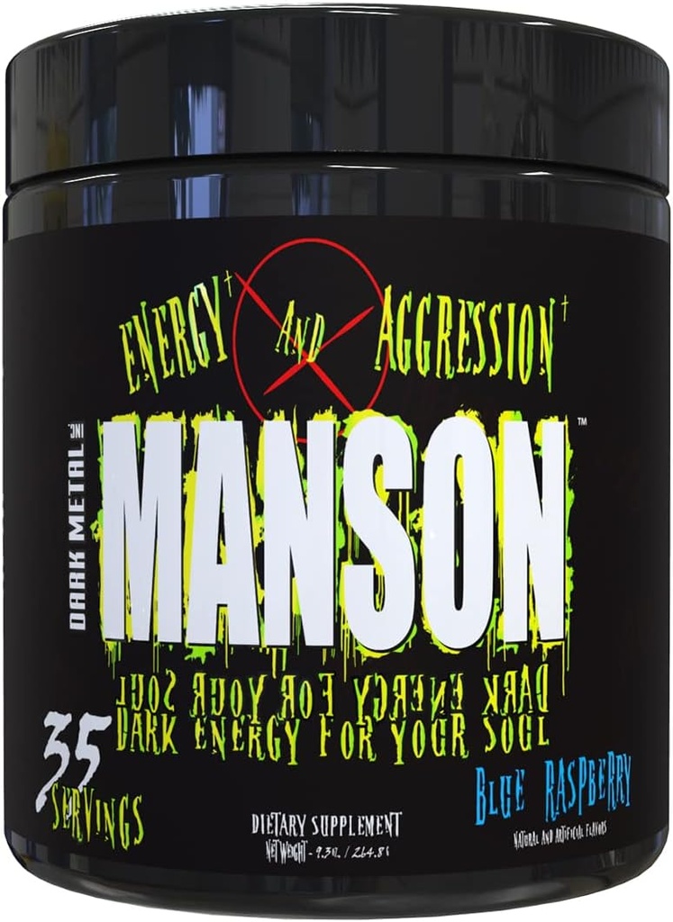 DARK METAL Inc. Manson High Stim Pre Workout Powder, Energy Focus Strength, cargado con Beta Alanine L-Carnitine Caffeine Infinergy, 35 Srvgs, Blue Raspberry