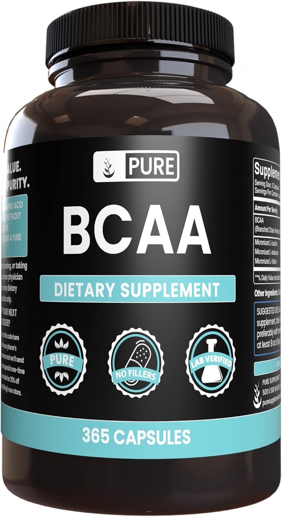 Ingredientes originales puros BCAA (365 capsules) No hay magnesio o rifles de arroz, siempre puro, el laboratorio verificado
