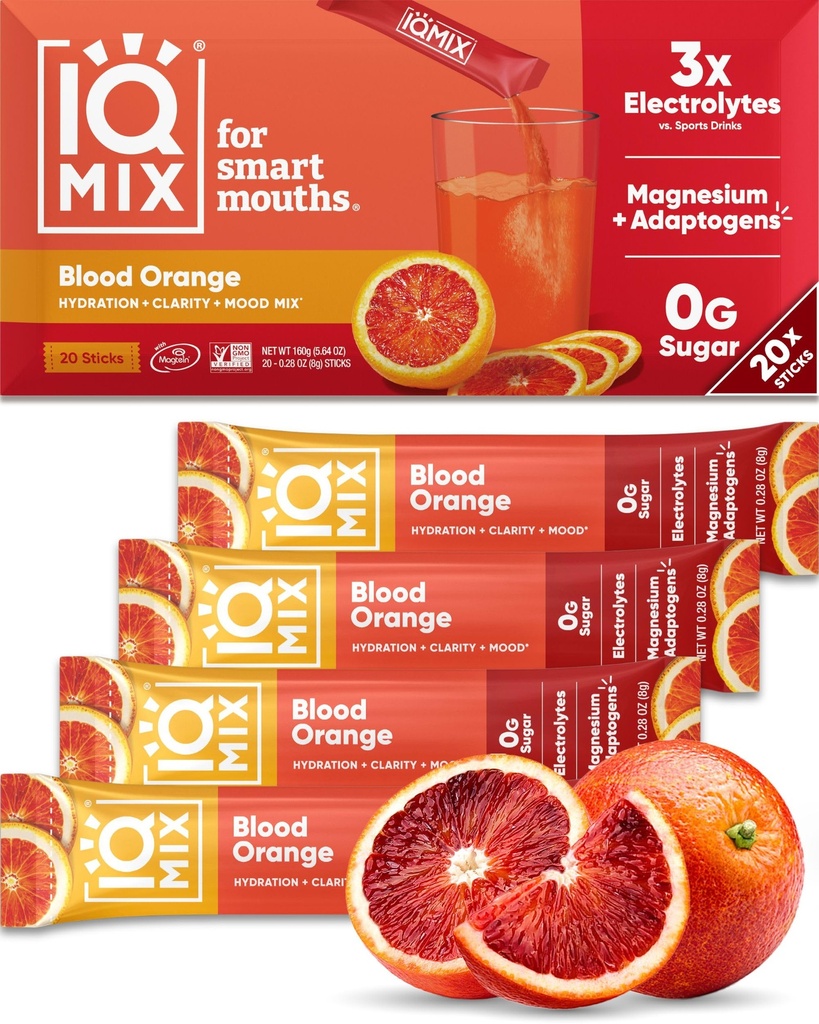 IQMIX Hidration Electrolyte Powder – 4-en-1 Fórmula para la hidratación, la claridad mental, el humor y la recuperación – Sugar-Free Drink Mix, Keto, Magnesium L-Threonate, Lion’s Mane – 20 Conde Blood Orange