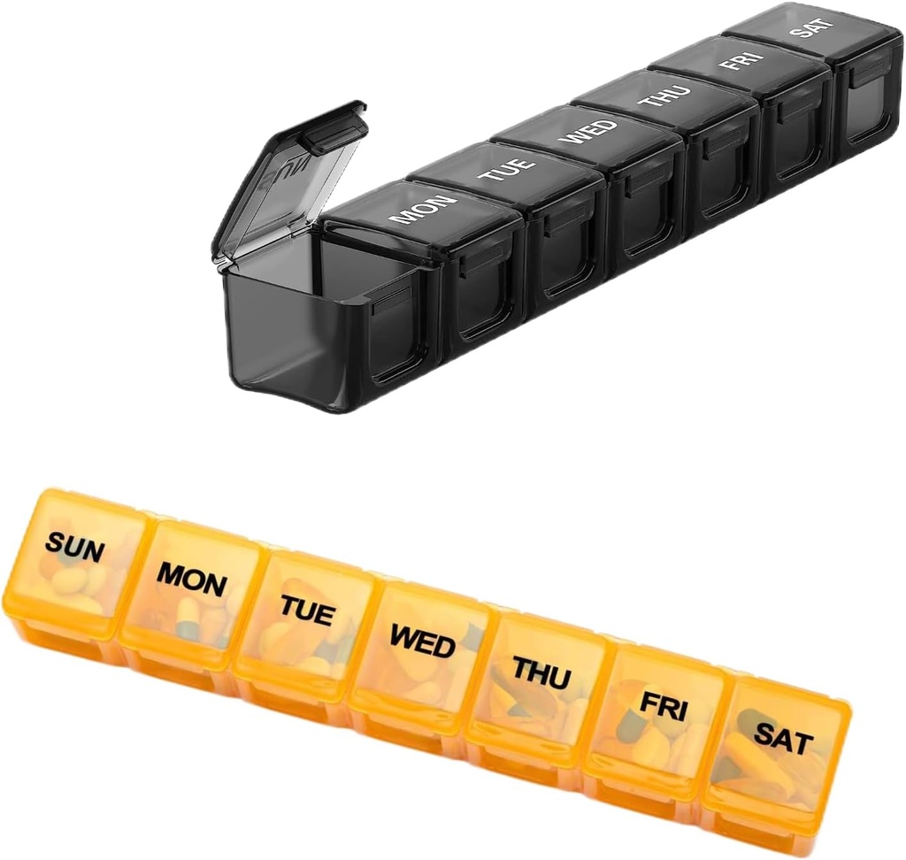 2 Pack extra Gran organizador semanal de píldoras, Sukuos caja de píldoras diarias con tapa clara, artritis amigable