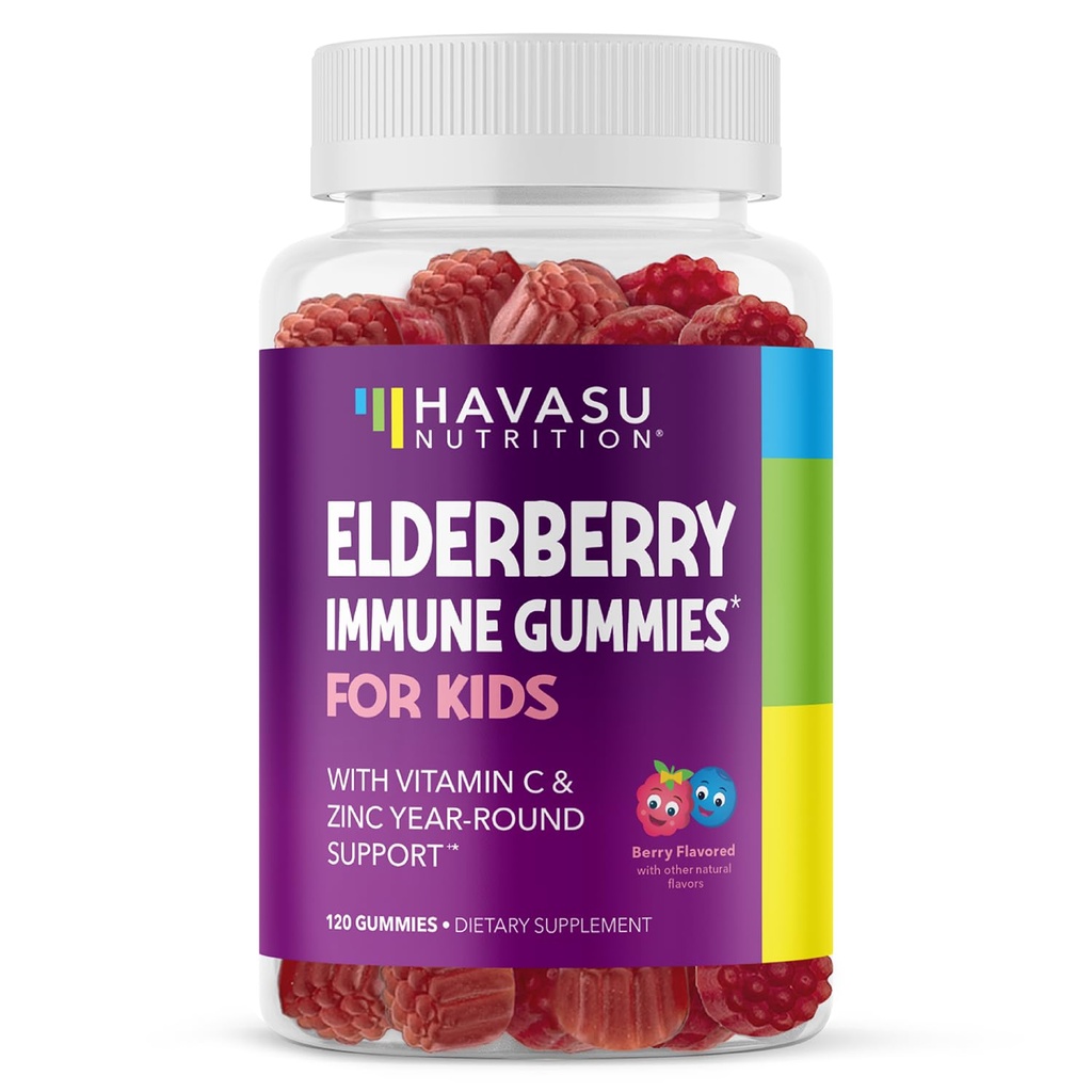 Gummies de Elderberry para niños con zinc y vitamina C - Suplemento de Apoyo Inmunitario para niños - 120 Conde, Vegan, Berry Flavor - Defensa diaria Conveniente con antioxidantes y nutrientes esenciales