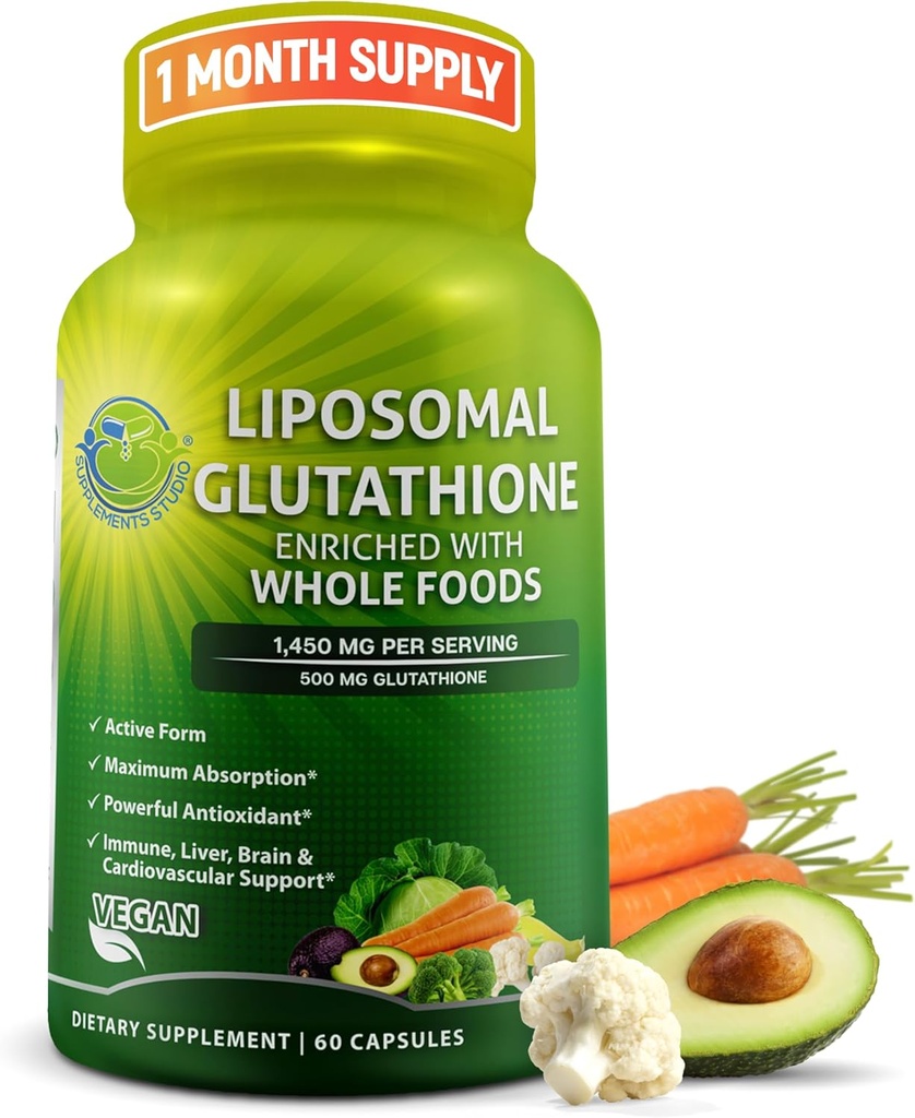 Liposomal Glutathione 500mg - Formulario activo L Glutathione (Reducido) para la absorción máxima - Hecho con alimentos orgánicos enteros - Antioxidante maestro " Detoxificador - Immune & Cardiovascular Apoyo - 60 Conde