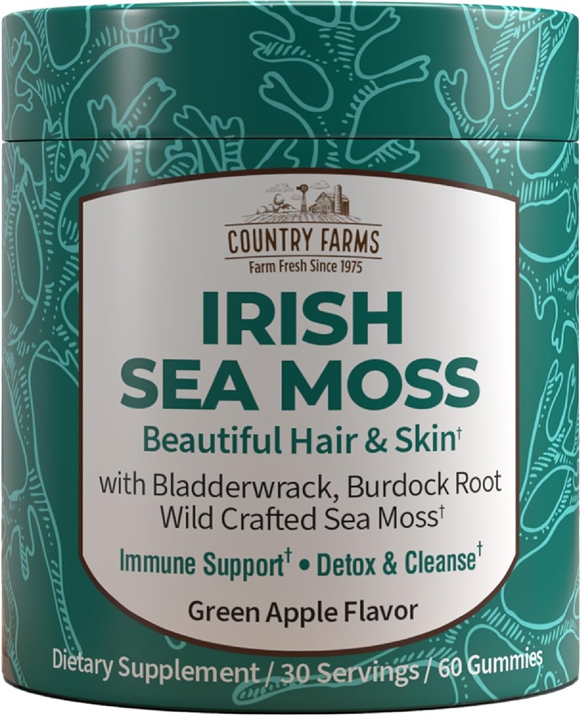 COUNTRY FARMS Irish Sea Moss Gummies, 2000mg Irish Moss, Burdock Root, Bladderwrack para Immune Support, promueve Digestive Health, Skin and Hair Support, Pectin Based, Vegan, Gluten Free, Green Apple