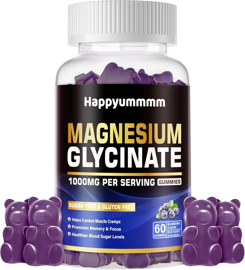 Magnesio Glycinate Gummies 1000mg - Suplemento de Potasio de Magnesio Libre de Azúcar con Vitamina D, B6, CoQ10 para calma Mood & Sleep Support - 60 Blueberry Gummies