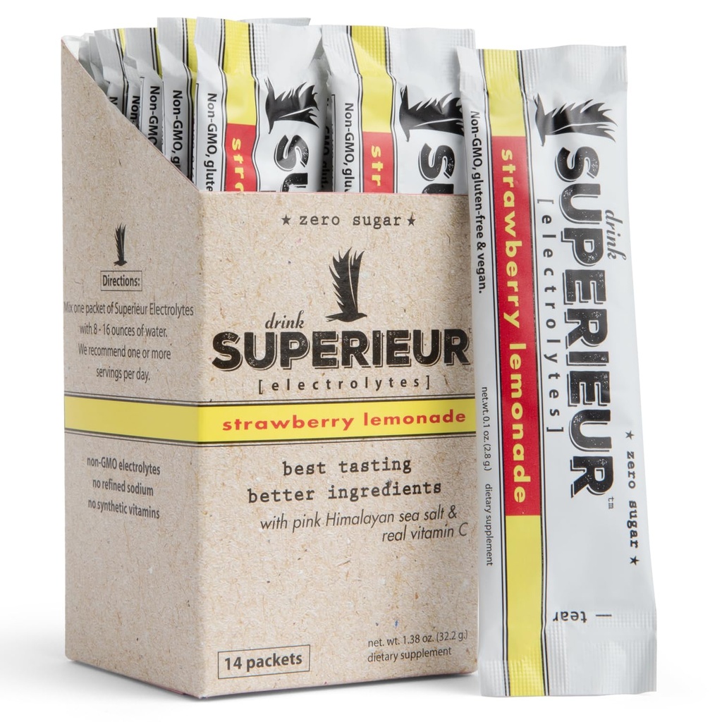 Superieur Electrolyte Powder Packets- Vegan Electrolyte Hydration Powder w/Sea Minerals- Keto Friendly, Non-GMO, Zero Sugar Electrolyte Suplemento-Healthy Sports Drink-Strawberry Lemonade (14 Packets)