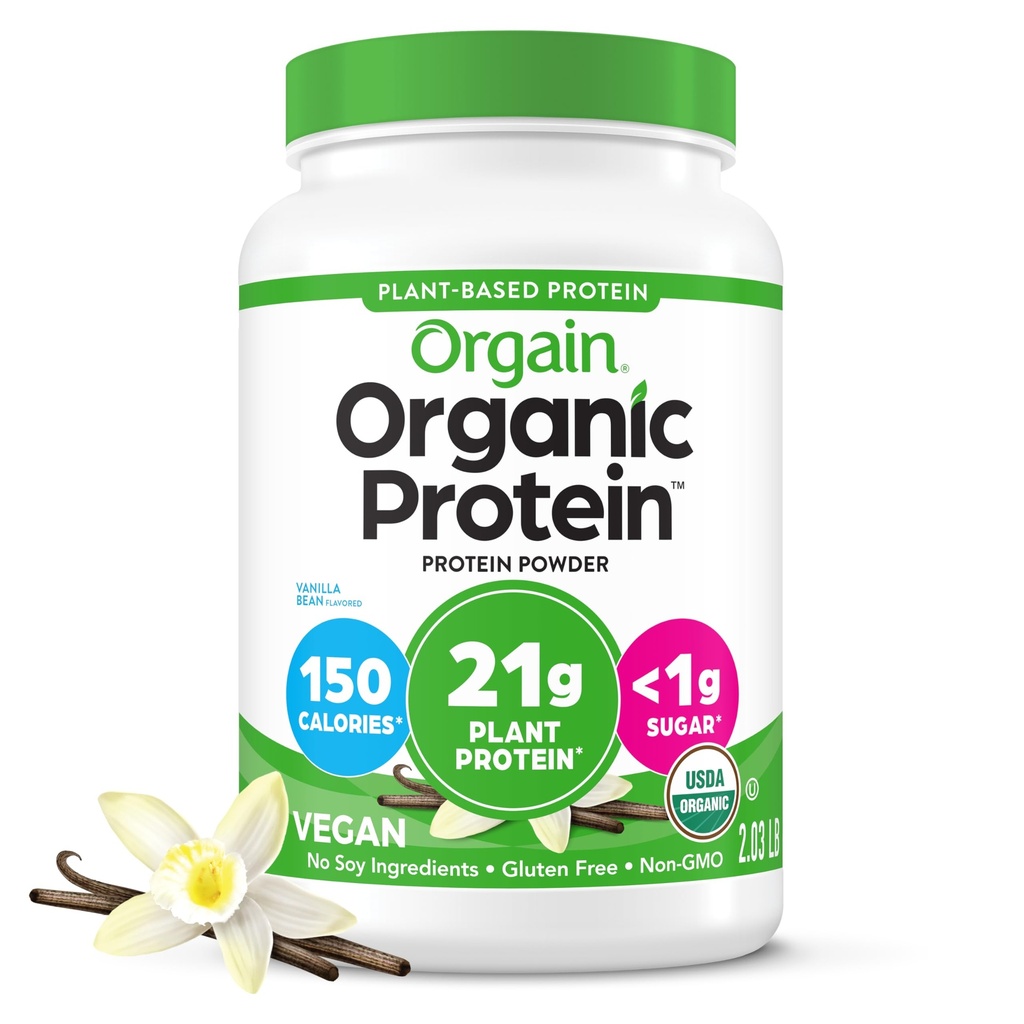 Orgain Orgain Orgain Pólvora de proteínas veganas orgánicas, frijol de vainilla - 21g Proteína vegetal, fibra prebiótica de 6g, sin ingredientes de lactosa, sin azúcar añadido, no transgénico, para sacudidas &amp; smoothies, 2,03 lb (paquete mayo Vary)