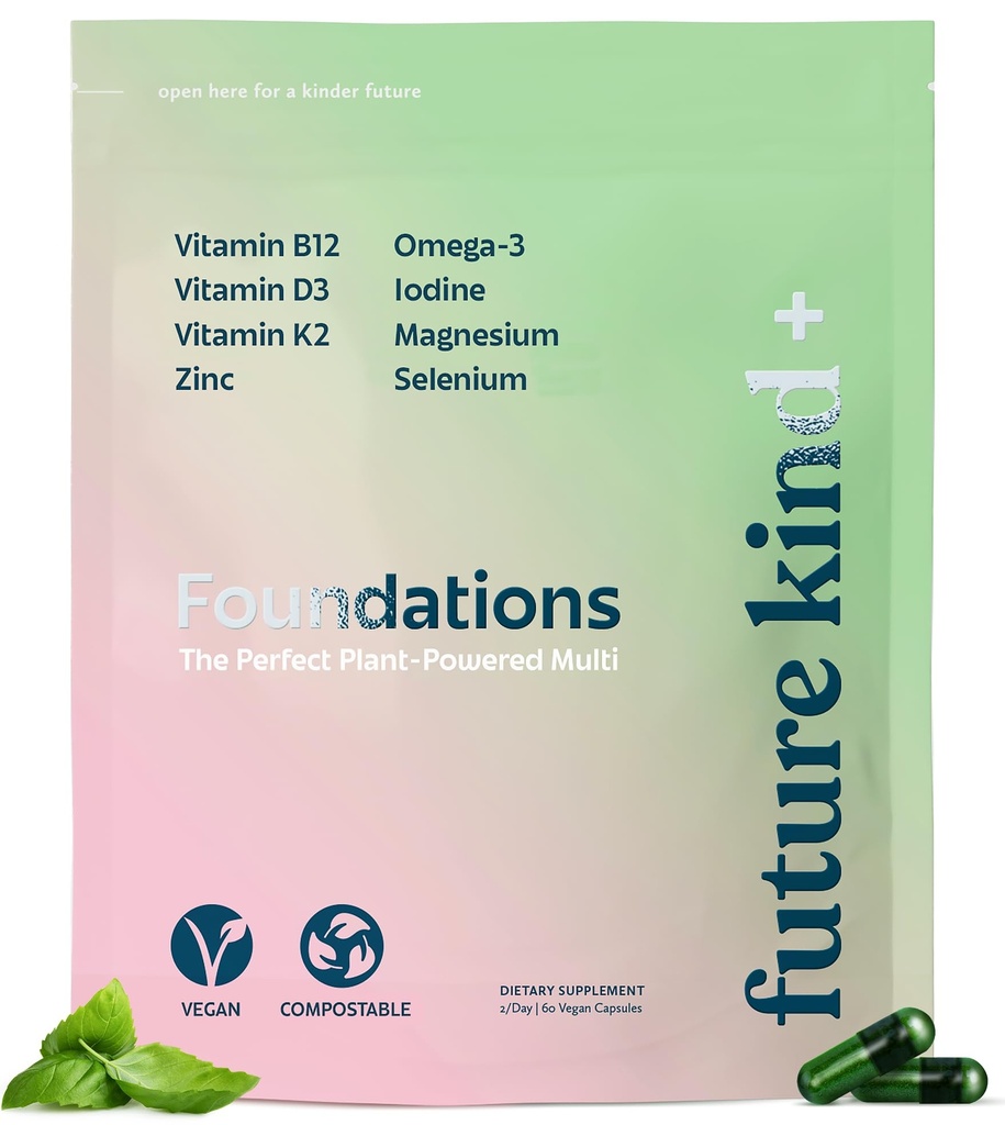 Future Kind Carrageenan-Free Foundations Multivitamin for Women &amp; Men with Omega-3, B12, D3, Zinc, Iodine, Magnesium, K2 &amp; Selenium, Vegan, Compostable Bag (60ct)