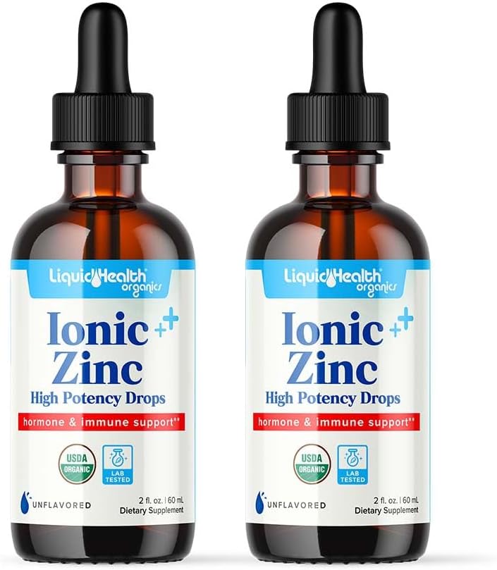 LIQUIDHEALTH USDA Orgánica Ionic Zinc High Potency Drops - Trace Mineral Liquid Vitamin Supplement for Adults, Kids - Immune & Digestive Support, Skin & Wound Health - USA Made, Vegan, Non-GMO (2 Pack)