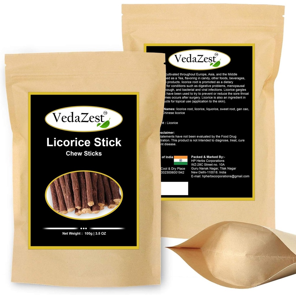 VedaZest Organic Licorice Root Sticks 100% Pure, Raw Natural Licorice Root Chew Sticks (100g), Non-GMO, Dried & Pure Mulethi