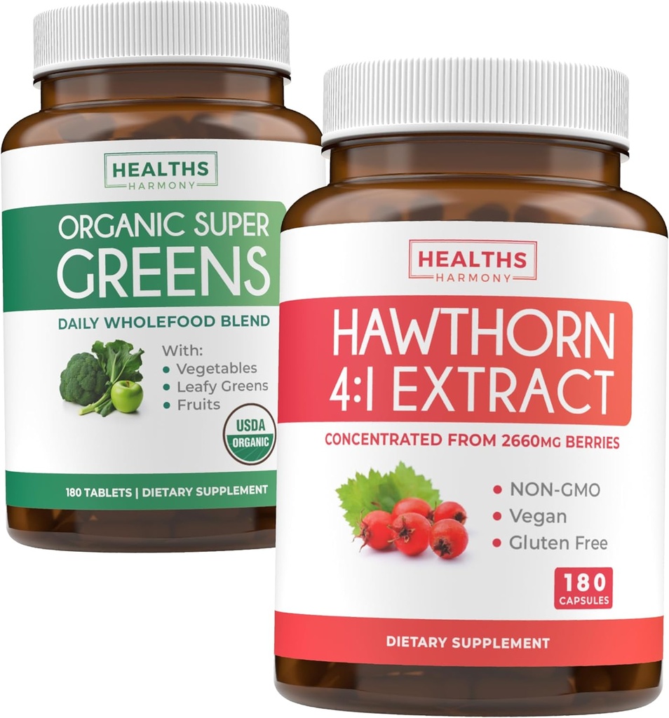 Super Greens " Hawthorn Extract (3-Month Supply) Super Berry Blend Bundle of Organic Super Greends Powder - Completo Superfood " Hawthorn Berry 4:1 Extract - High Strength Extract (180 cápsulas)