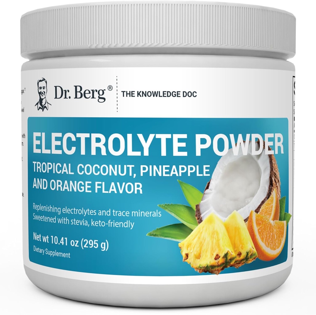 Dr. Berg Zero Sugar Hydration Keto Electrolyte Powder - Enhanced w / 1000 mg de Potasio & Real Pink Himalayan Salt (NOT Table Salt) - Tropical Coconut, Pineapple & Orange Drink Suplemento 50 Servings