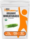 BulkSupplements.com Orgánica Wheatgrass Powder - Orgánico Super Verdes Polvo, Superalimentos Suplemento - Vegan & Gluten Gratis, 1,5g por Serving, 250g (8.8 oz) (Pack of 1)