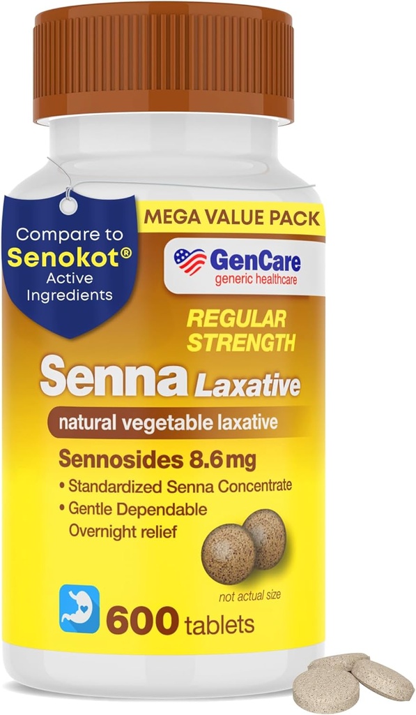 GenCare Senna Laxative 600 Tablets Senna 8.6mg Tablets with Natural Sennosides ← Laxatives for Constipation, Bloating, Gas & Irregularity Relief. Seguro ' Efectivamente Genérico para Senokot