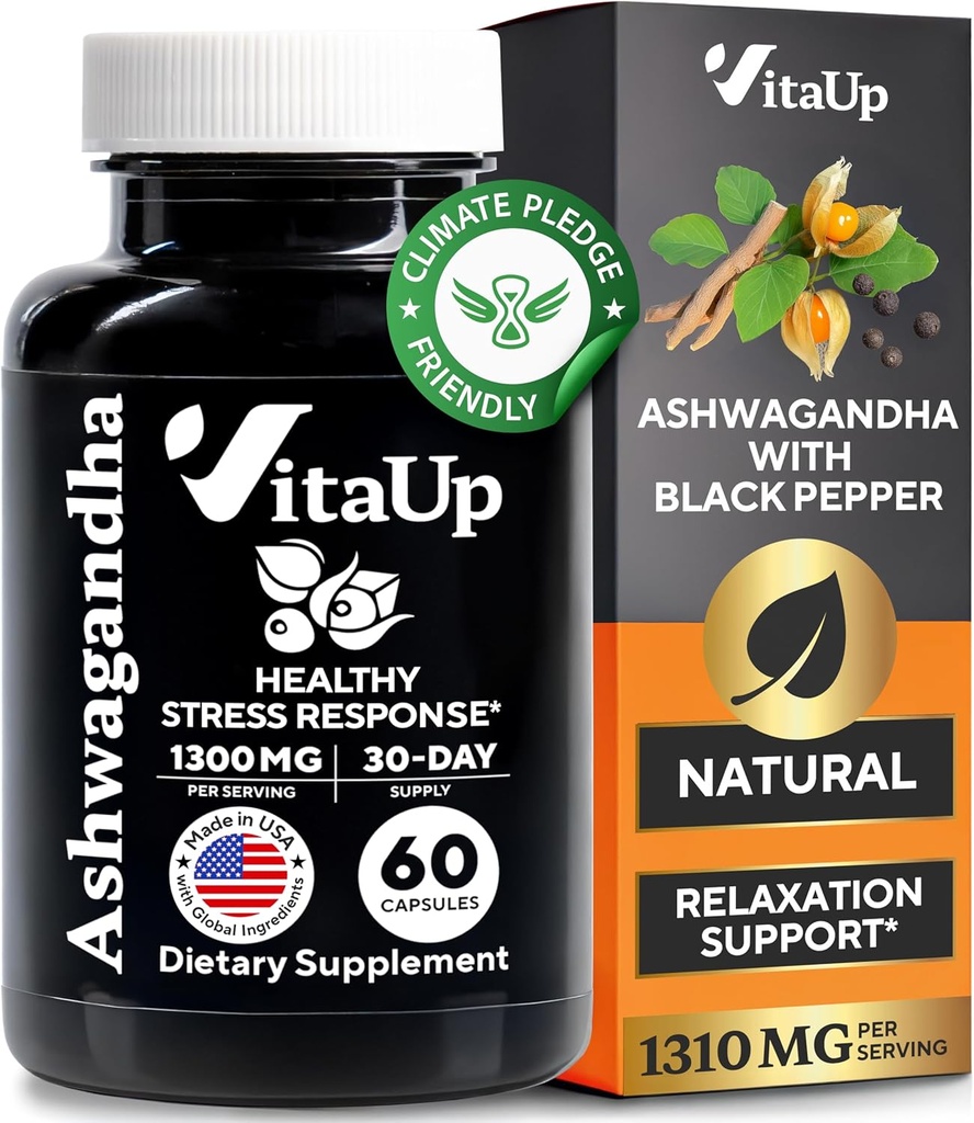 Ashwagandha Capsules 1310mg con Black Pepper - USA Made Ashwagandha Suplementos de Apoyo a la Relajación, Función Cognitiva Normal " Niveles de Energía Equilibrados – 60 Caps