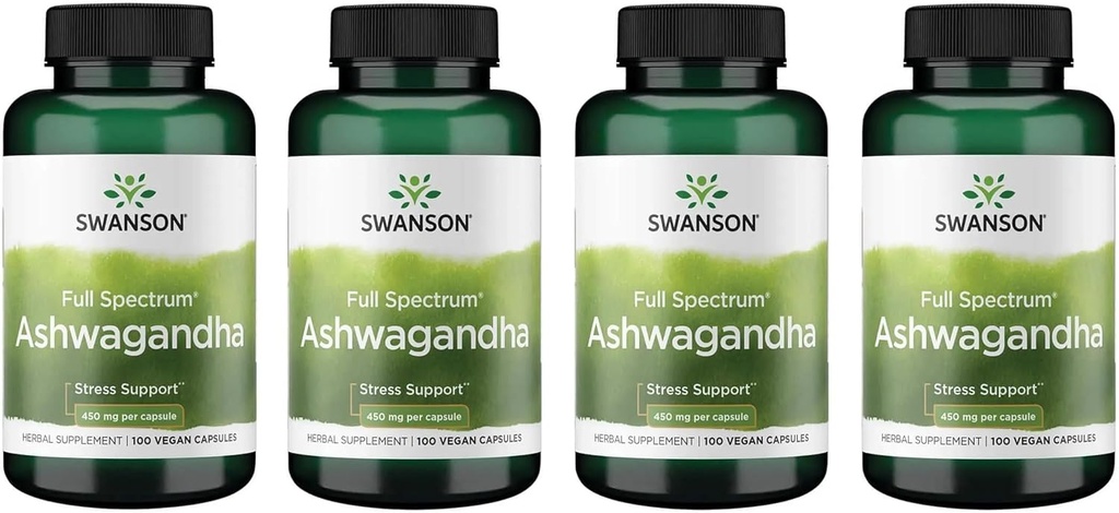 Swanson Ashwagandha Suplemento de polvo - con Ashwagandha Root to Promote Stress Relief & Energy - Suplemento ayurvédico para el bienestar natural (100 cápsulas, 450 mg cada uno) 4 Pack