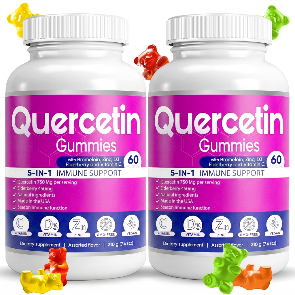 (2 Pack) Quercetina Gummies by BioVitalica - Quercetina con Bromelaina Vitamina C y Zinc &amp; Elderberry + Vitamina D3-5 en 1 Apoyo Inmunitario - Zinc Quercetin 750 mg para niños y adultos