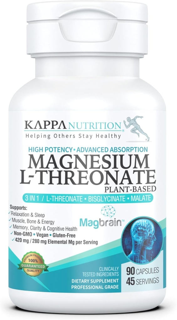 Kappa Nutrition MagbrainTM Magnesium L-Threonate Plant-Based, 420mg Elemental Magnesium (3 cápsulas) de 2.253mg, 90 cápsulas Vegan, Brain, Sleep & Muscle Support.