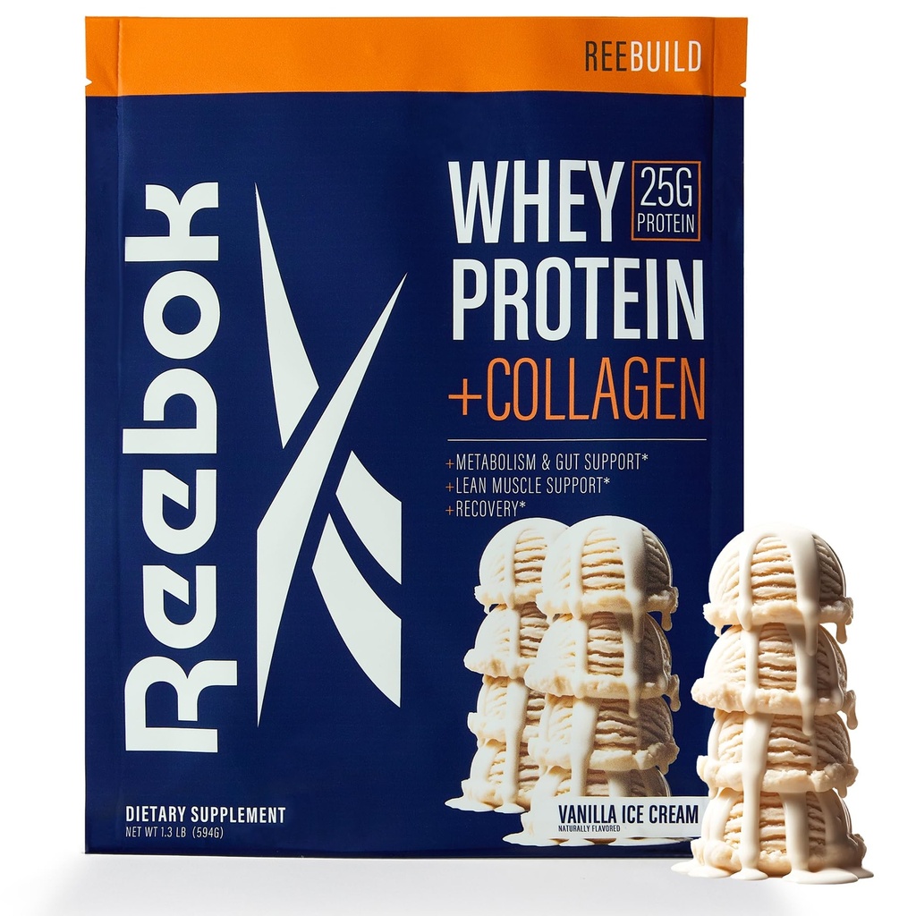 Reebok Whey Protein Powder + Collagen Peptides TEN 25g Protein with 9 Essential Amino Acids ← Muscle Recovery, Joint & Gut Support ← Informed-Sport Certified TEN ReeBuild Vanilla Ice Cream Flavor, 1.3 lb