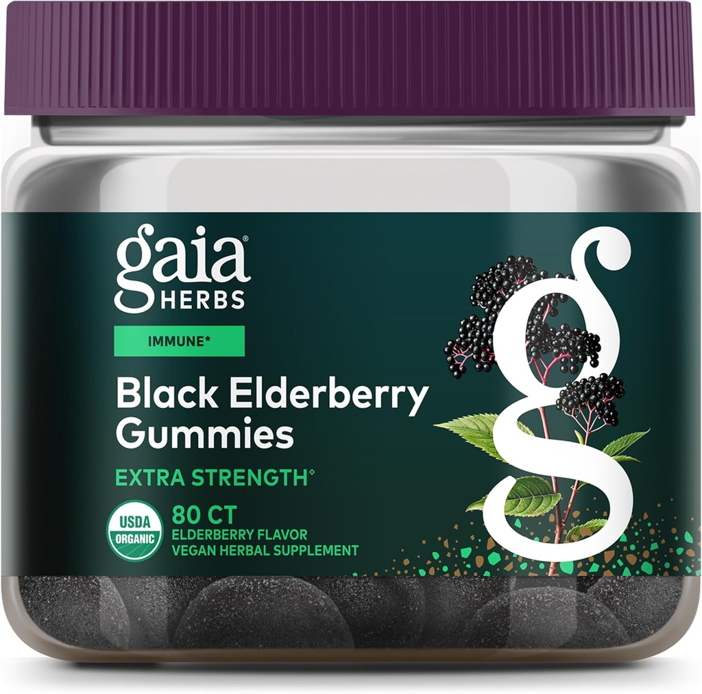 [BRSWY2YFAAMAYA3P] Gaia Herbs Black Elderberry (Sambucus Nigra) Extra Strength Gummies - Delicious Immune Support Suplemento - Hecho con certified Organic Black Elderberries for Immune System Support - 80 Gummies