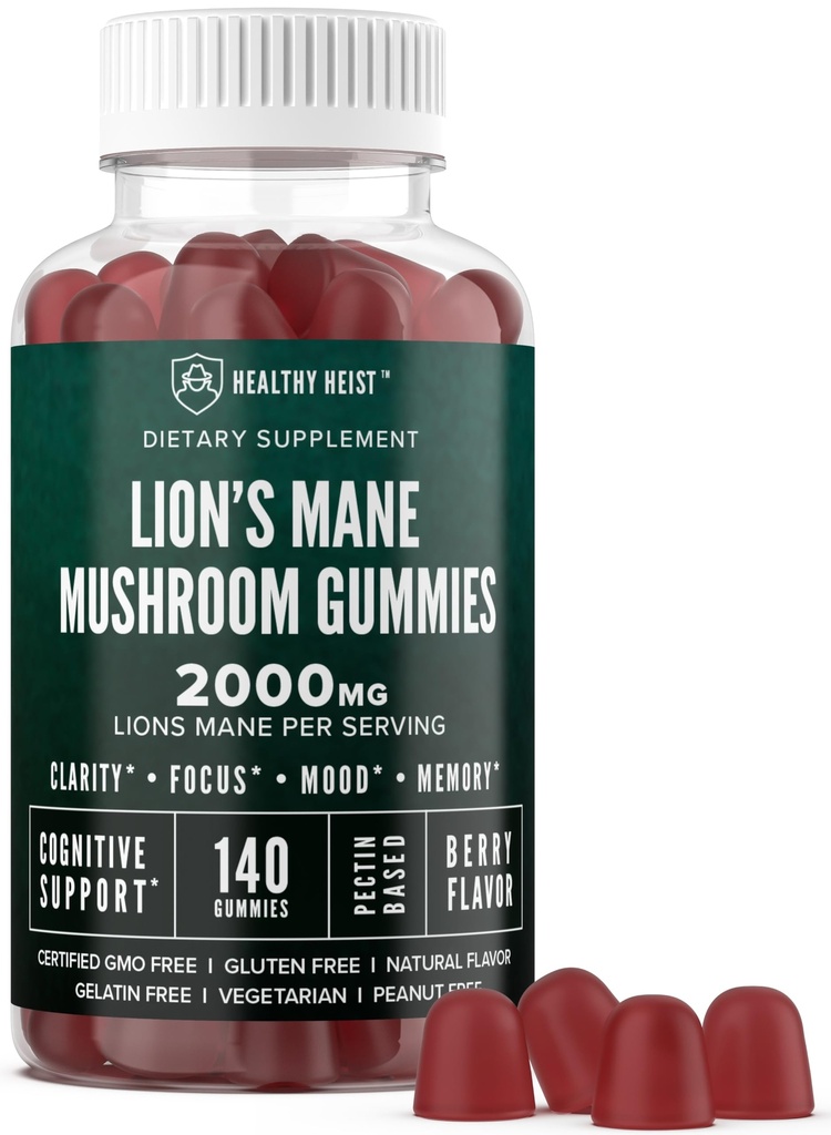 Lions Mane Mushroom Gummies for Adults, 140 Conde Bulk Lion's Mane Chewables, High Potency 10:1 El Extracto Orgánico asciende a 2000mg, Suplemento apoya la Claridad Mental, Focus, Mood y Brain Fog